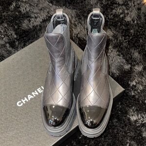 CHANEL Women's Quilted Black and Gray Ankle Boots